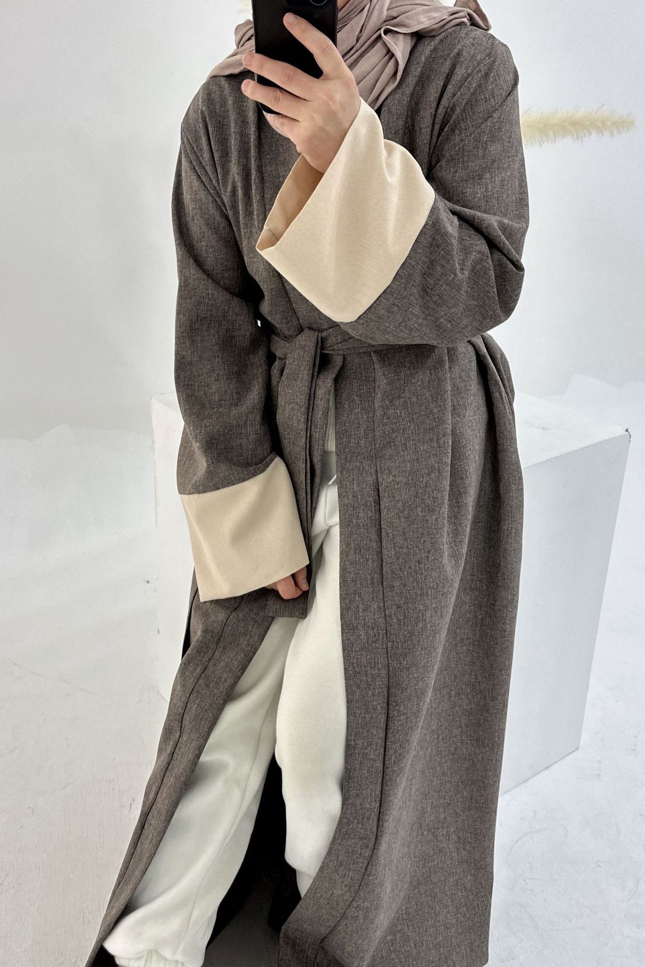 Hassan Cotton and Linen Open Abaya with Belt 744 - Coffee