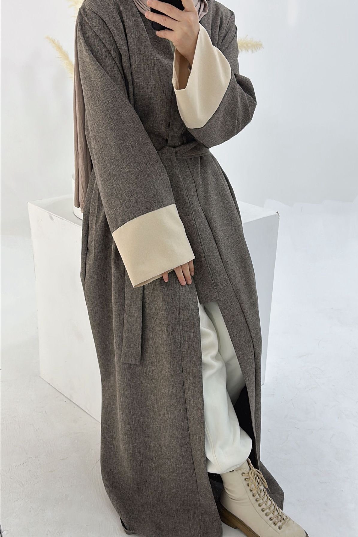Hassan Cotton and Linen Open Abaya with Belt 744 - Coffee