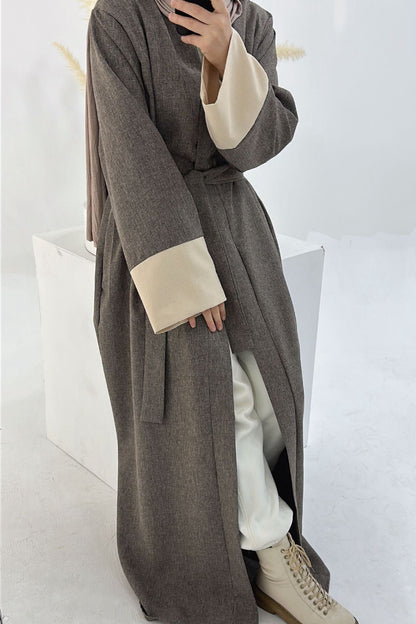 Hassan Cotton and Linen Open Abaya with Belt 744 - Coffee
