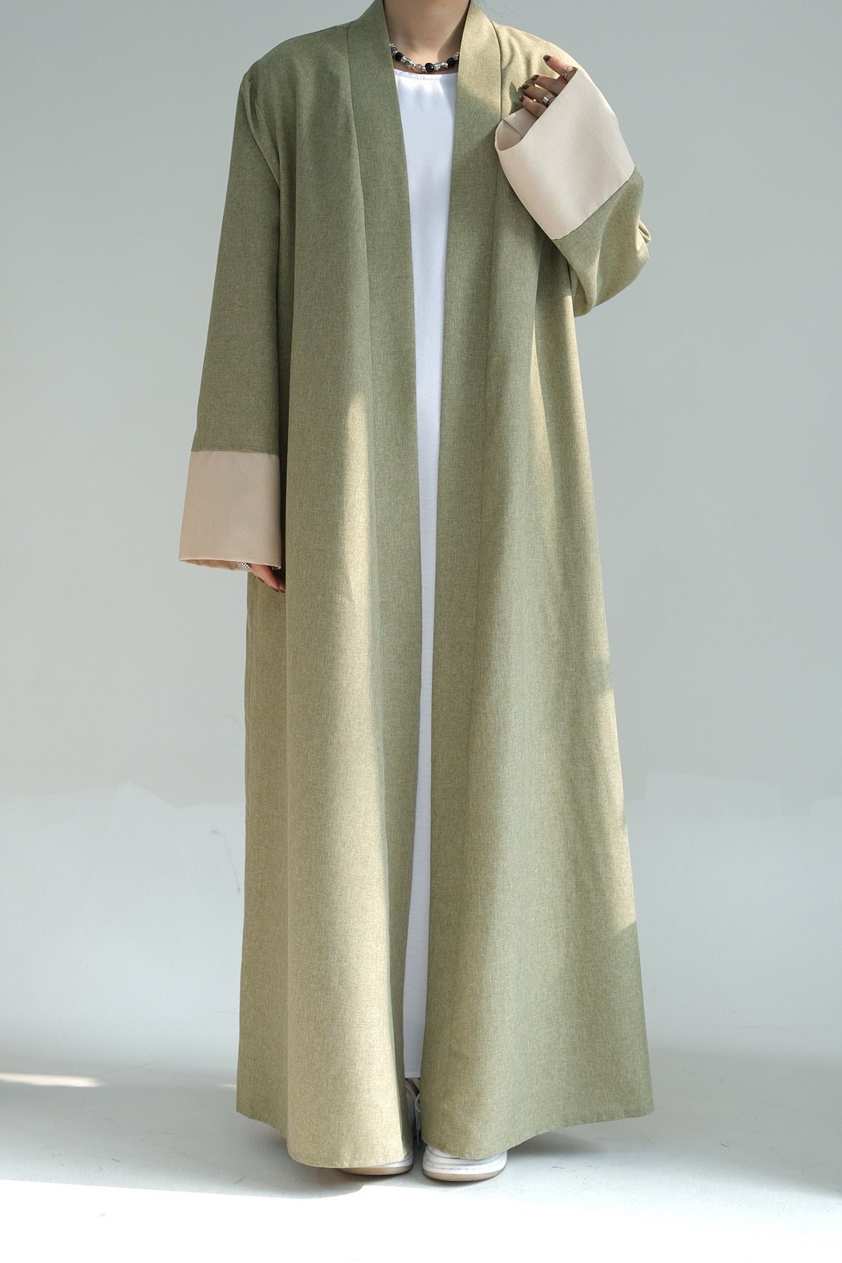 Hassan Cotton and Linen Open Abaya with Belt 744 - Green