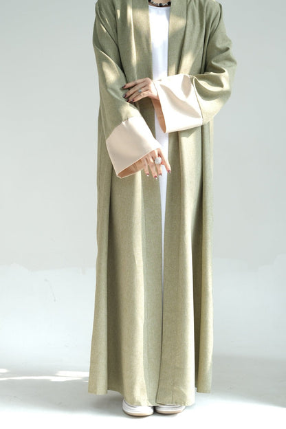 Hassan Cotton and Linen Open Abaya with Belt 744 - Green