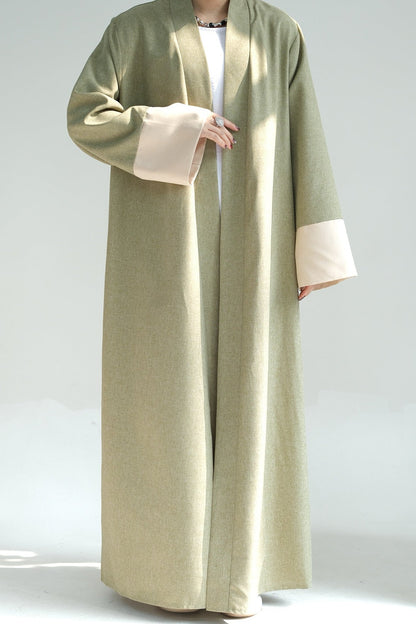 Hassan Cotton and Linen Open Abaya with Belt 744 - Green