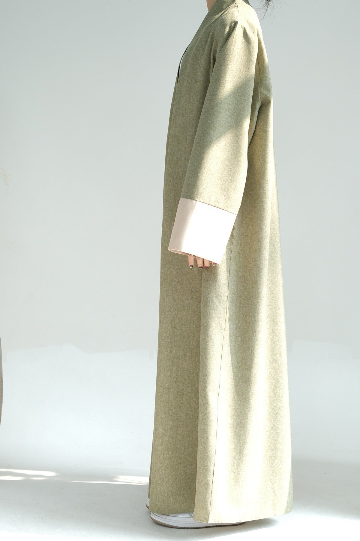 Hassan Cotton and Linen Open Abaya with Belt 744 - Green
