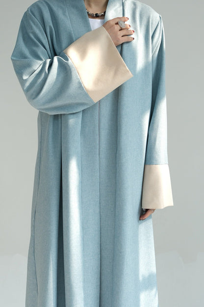 Hassan Cotton and Linen Open Abaya with Belt 744 - Blue