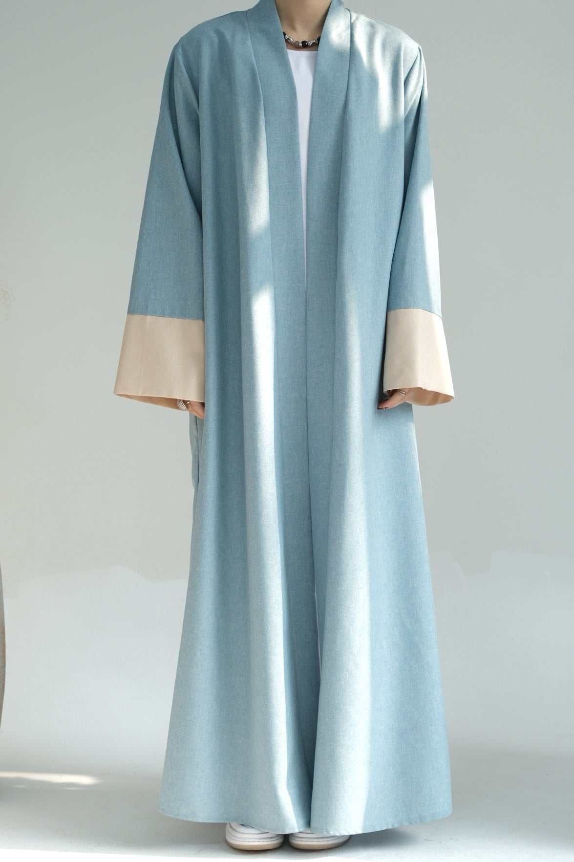Hassan Cotton and Linen Open Abaya with Belt 744 - Blue