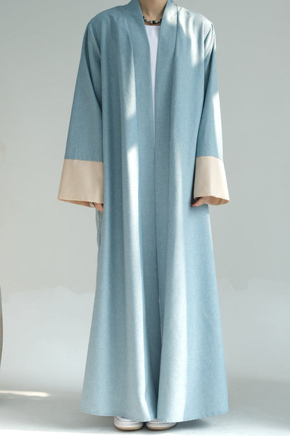 Hassan Cotton and Linen Open Abaya with Belt 744 - Blue
