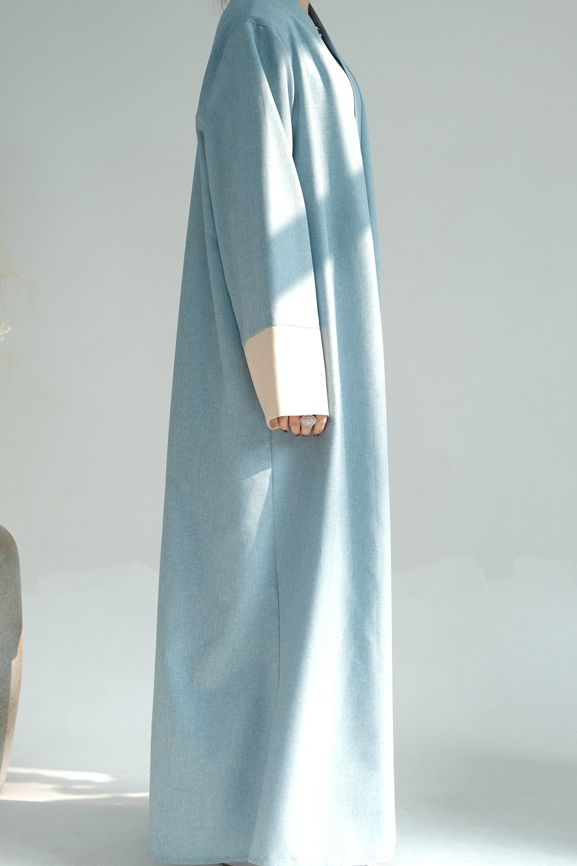 Hassan Cotton and Linen Open Abaya with Belt 744 - Blue