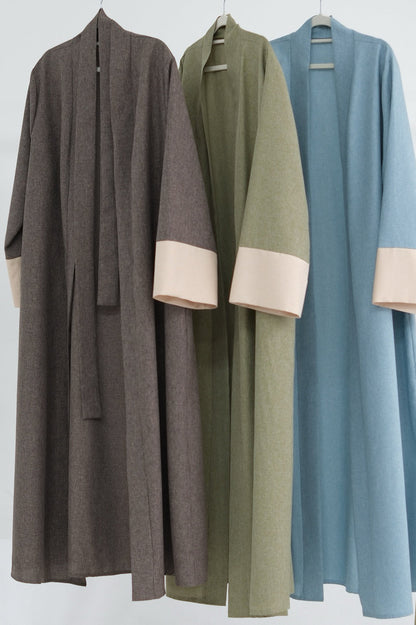 Hassan Cotton and Linen Open Abaya with Belt 744 - Coffee