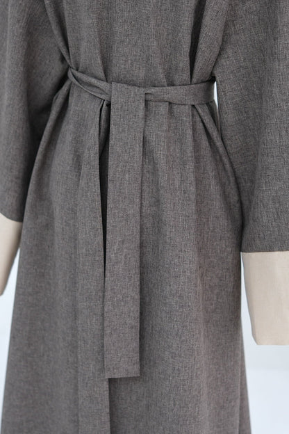Hassan Cotton and Linen Open Abaya with Belt 744 - Coffee