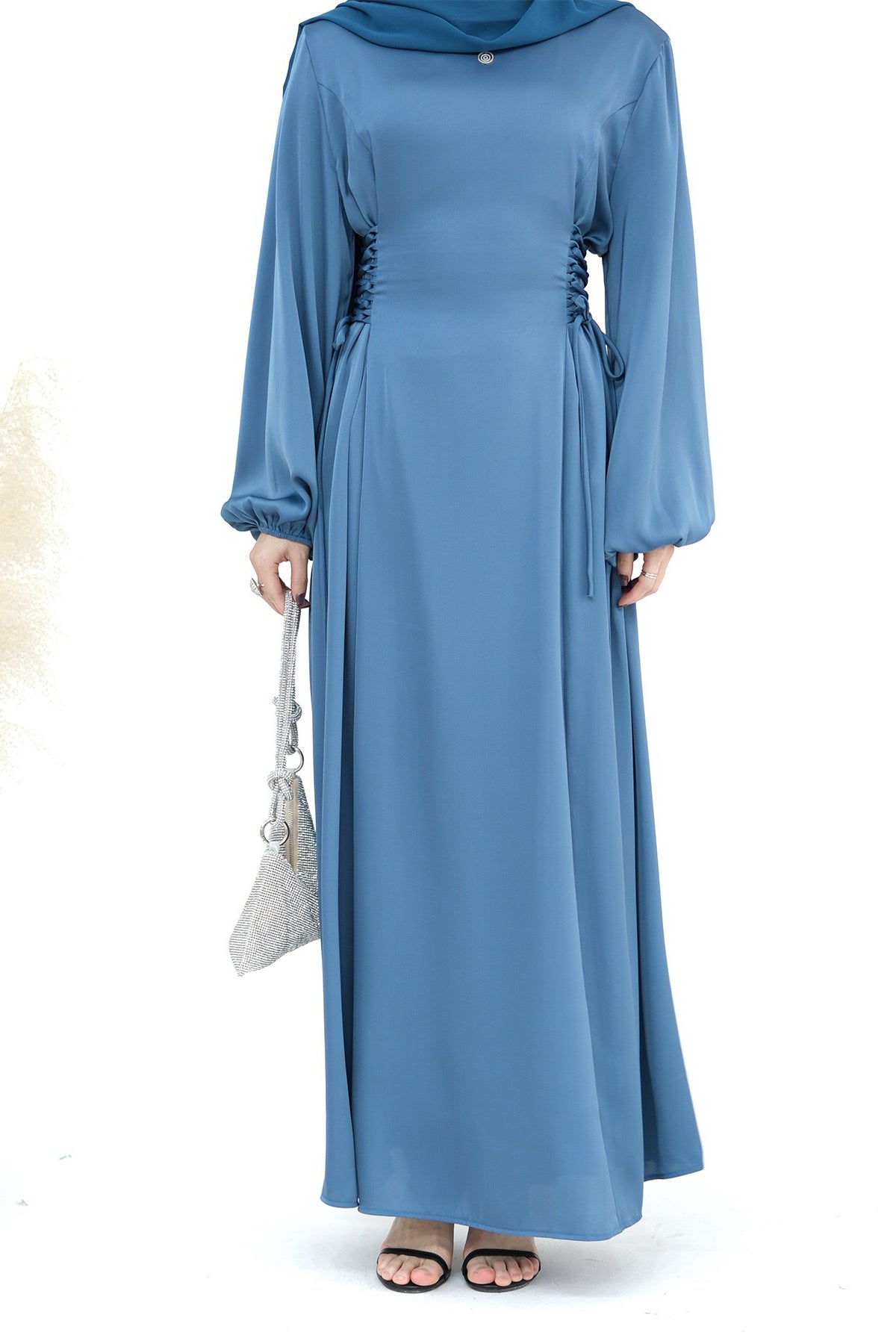 Nasir Satin Bubble Sleeve Abaya with Cinched Waist 702 - Blue