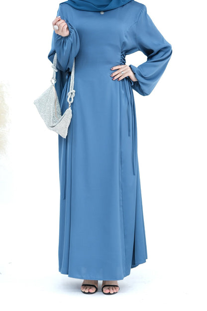 Nasir Satin Bubble Sleeve Abaya with Cinched Waist 702 - Blue
