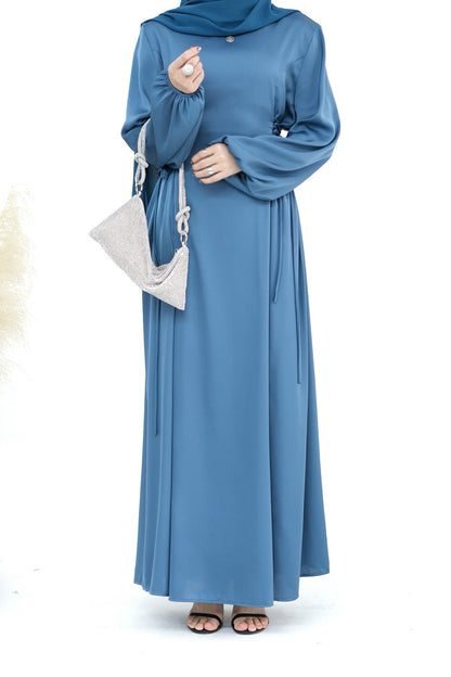Nasir Satin Bubble Sleeve Abaya with Cinched Waist 702 - Blue