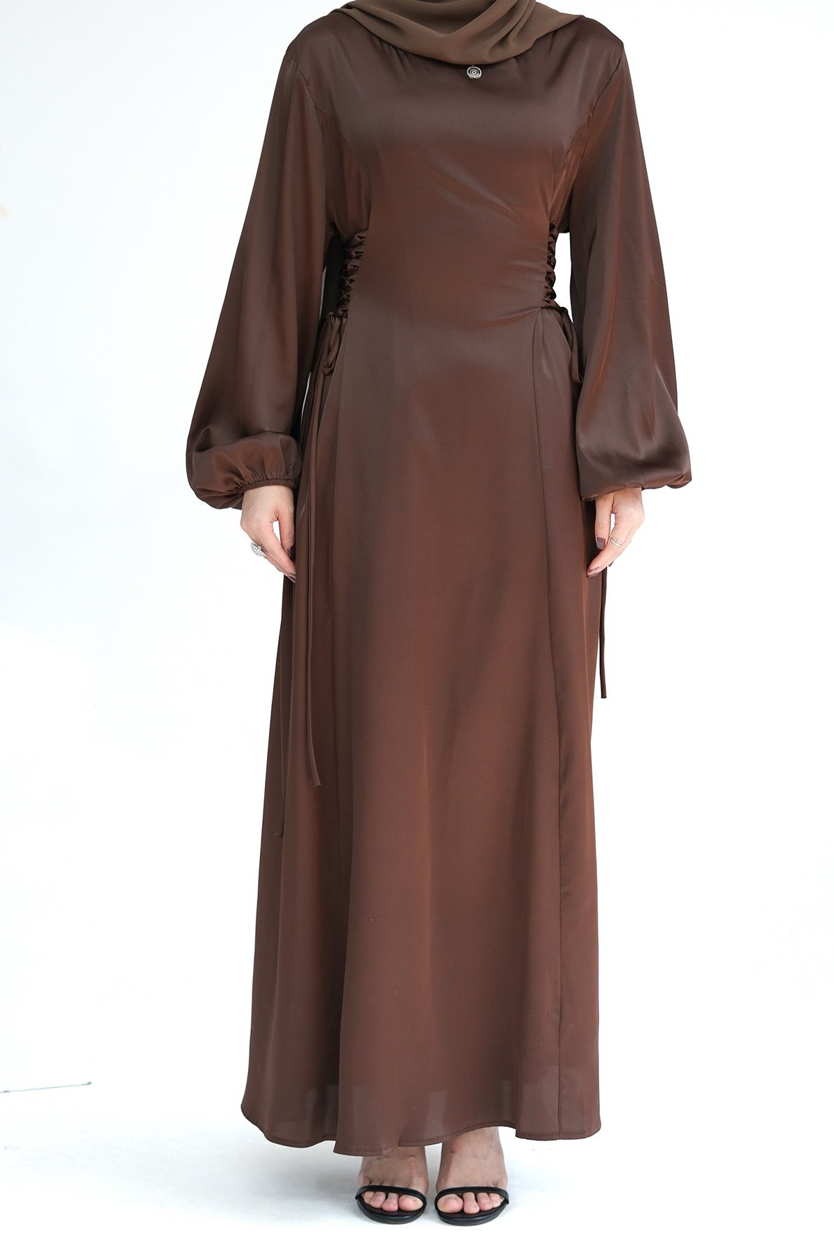 Nasir Satin Bubble Sleeve Abaya with Cinched Waist 702 - Coffee