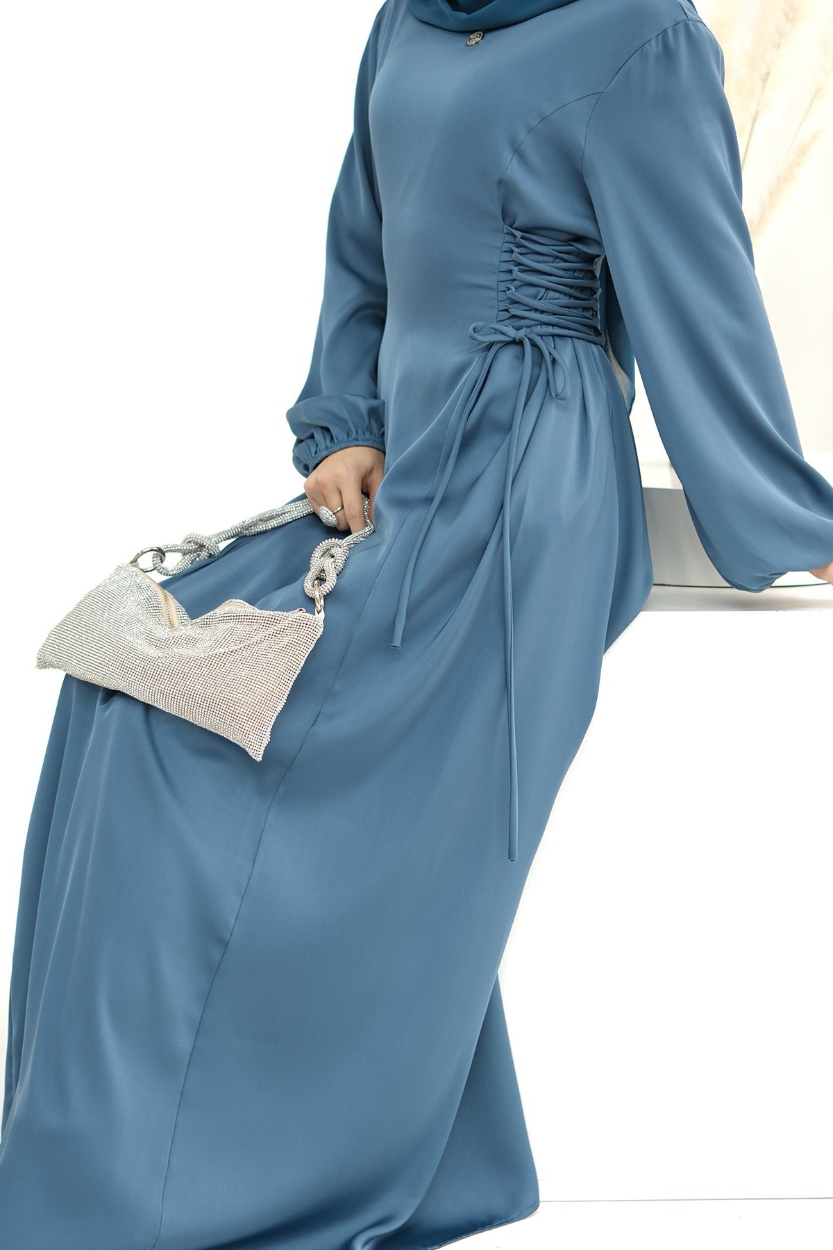 Nasir Satin Bubble Sleeve Abaya with Cinched Waist 702 - Blue