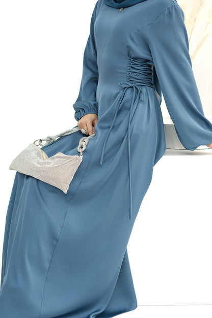 Nasir Satin Bubble Sleeve Abaya with Cinched Waist 702 - Blue