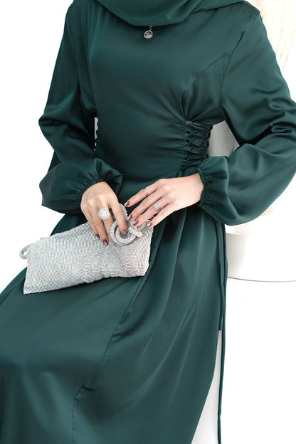 Nasir Satin Bubble Sleeve Abaya with Cinched Waist 702 - Dark Green