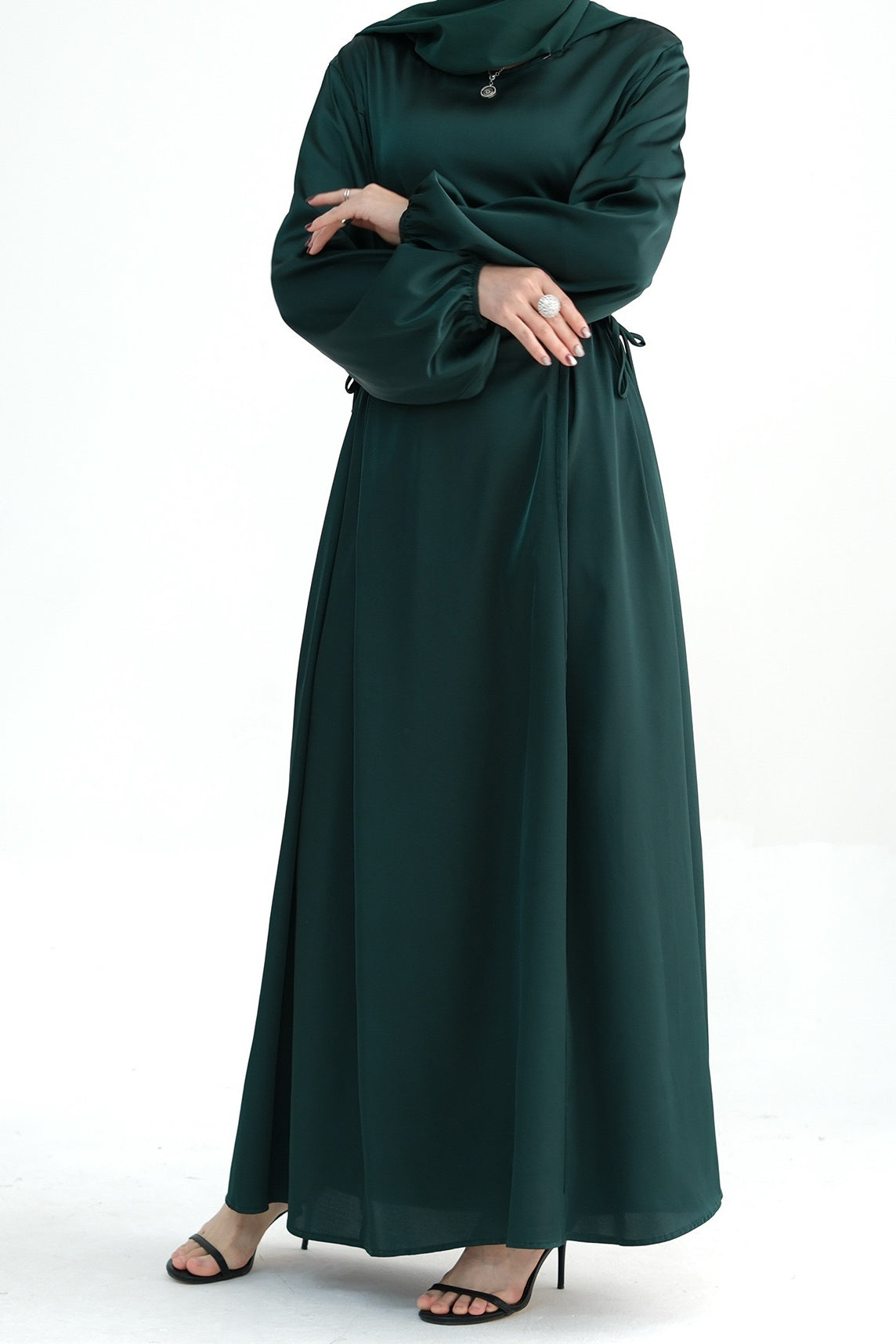 Nasir Satin Bubble Sleeve Abaya with Cinched Waist 702 - Dark Green