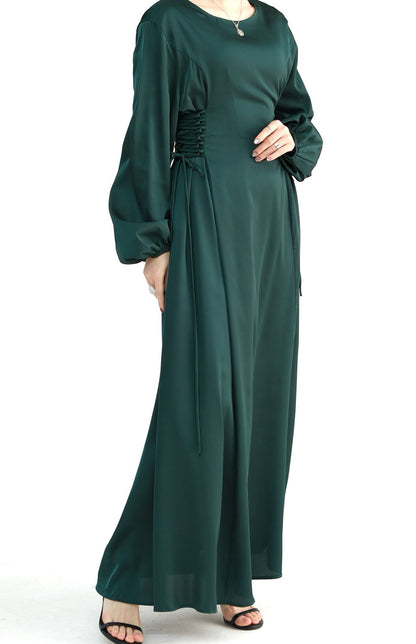 Nasir Satin Bubble Sleeve Abaya with Cinched Waist 702 - Dark Green