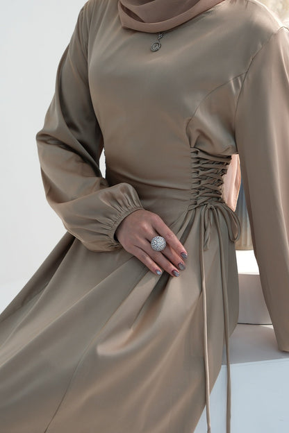 Nasir Satin Bubble Sleeve Abaya with Cinched Waist 702 - Khaki