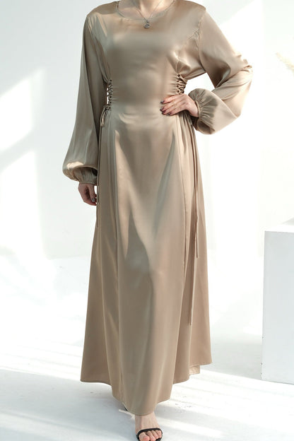 Nasir Satin Bubble Sleeve Abaya with Cinched Waist 702 - Khaki