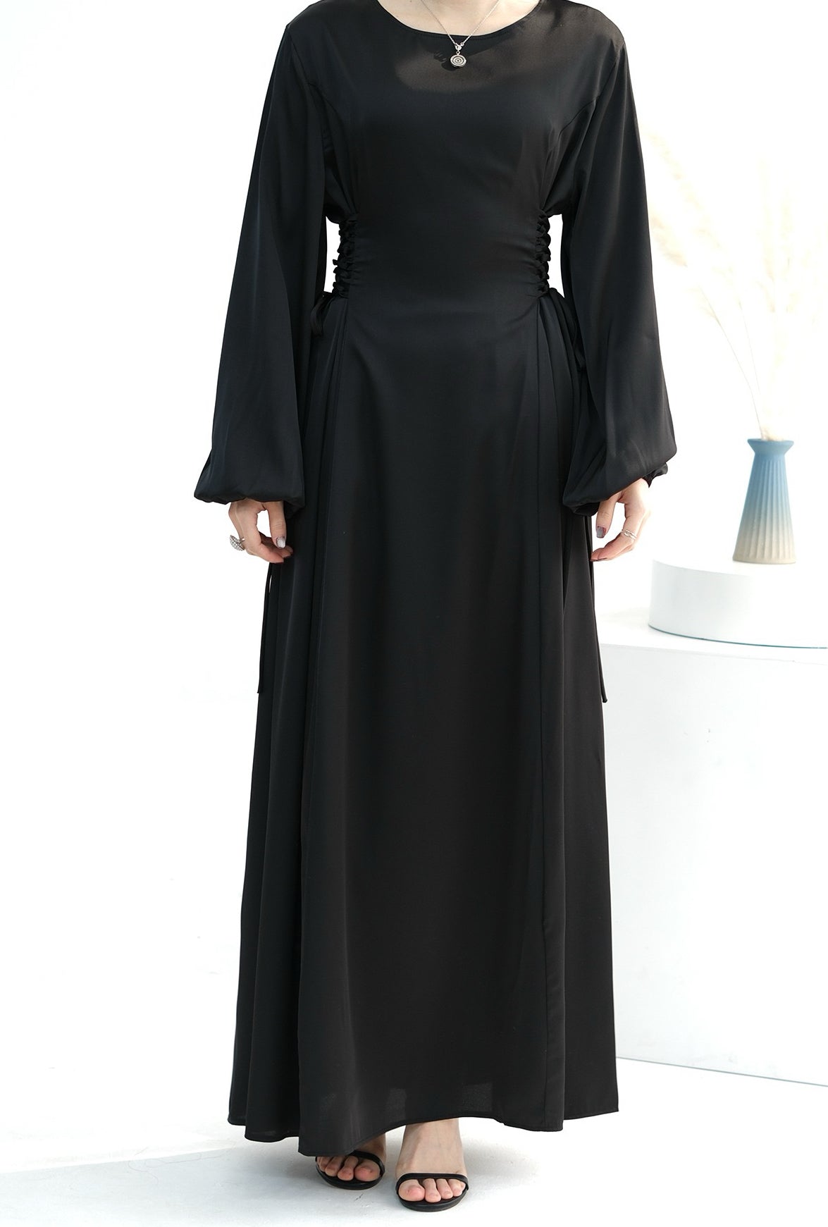 Nasir Satin Bubble Sleeve Abaya with Cinched Waist 702 - Black