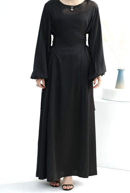 Nasir Satin Bubble Sleeve Abaya with Cinched Waist 702 - Black