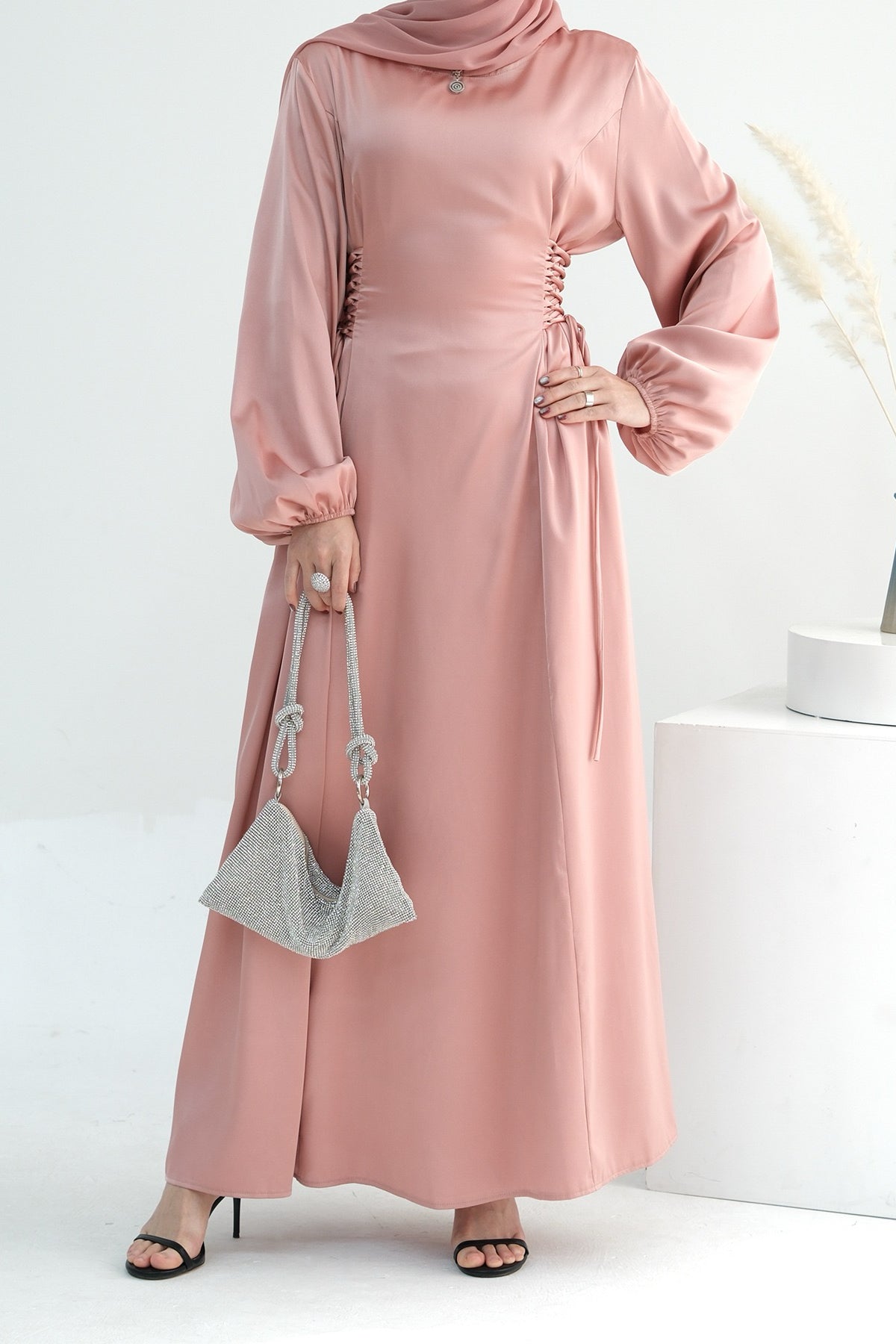 Nasir Satin Bubble Sleeve Abaya with Cinched Waist 702 - Pink