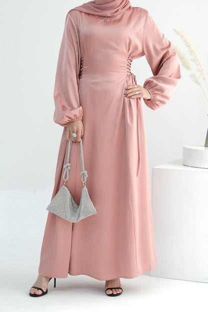 Nasir Satin Bubble Sleeve Abaya with Cinched Waist 702 - Pink