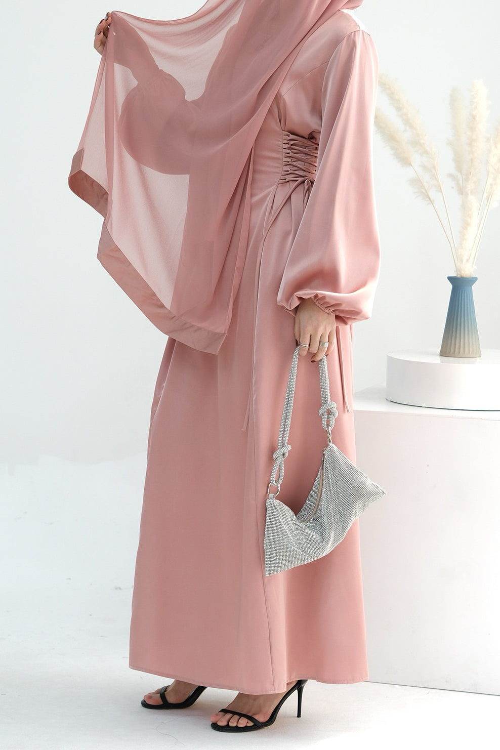 Nasir Satin Bubble Sleeve Abaya with Cinched Waist 702 - Pink