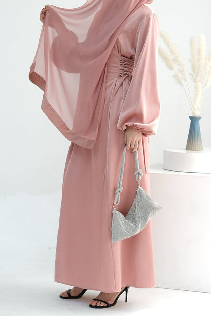 Nasir Satin Bubble Sleeve Abaya with Cinched Waist 702 - Pink