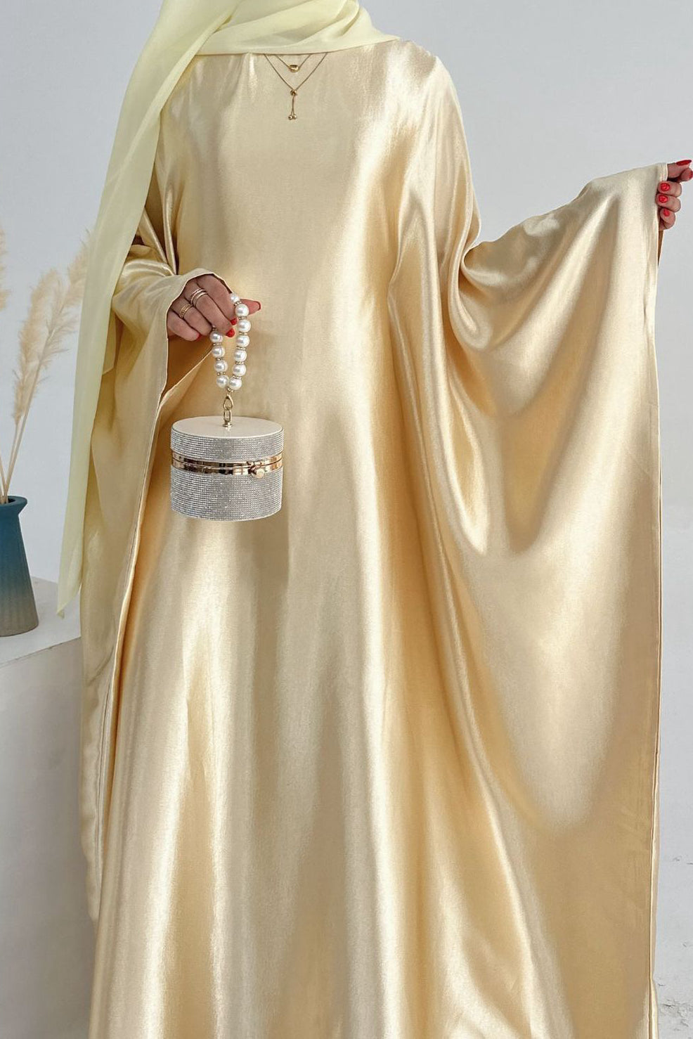 Jahari Shiny Batwing Butterfly Sleeve Maxi Dress Abaya 774 -  Lemon yellow