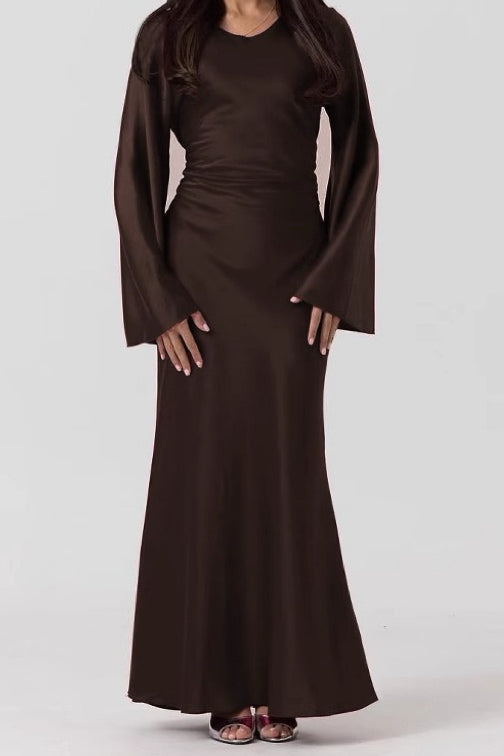 Elaf Tie-Back Satin Maxi Dress Abaya 967 - Coffee
