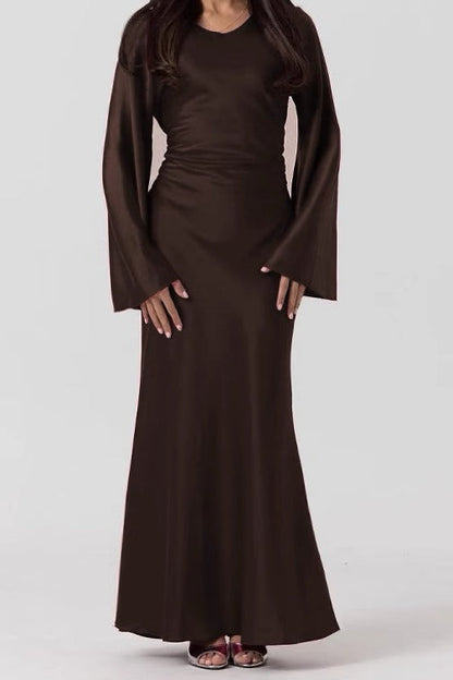 Elaf Tie-Back Satin Maxi Dress Abaya 967 - Coffee