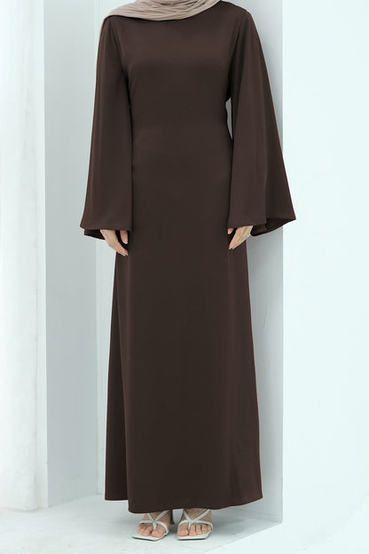 Elaf Tie-Back Satin Maxi Dress Abaya 967 - Coffee