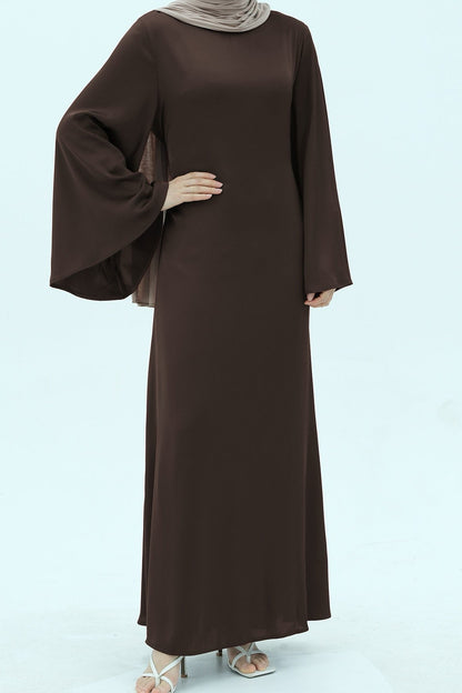 Elaf Tie-Back Satin Maxi Dress Abaya 967 - Coffee