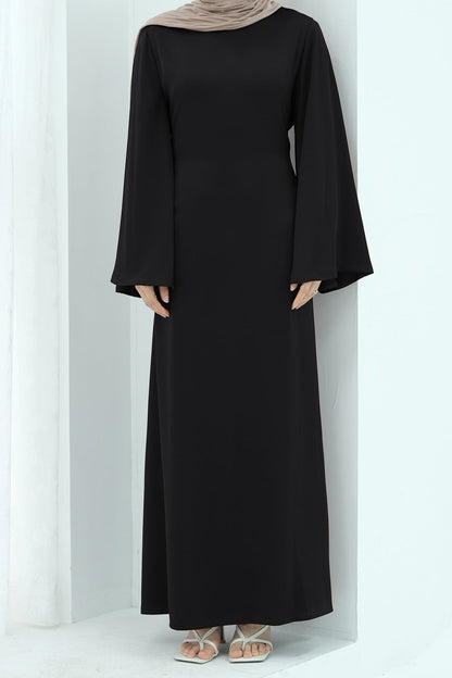 Elaf Tie-Back Satin Maxi Dress Abaya 967 - Black