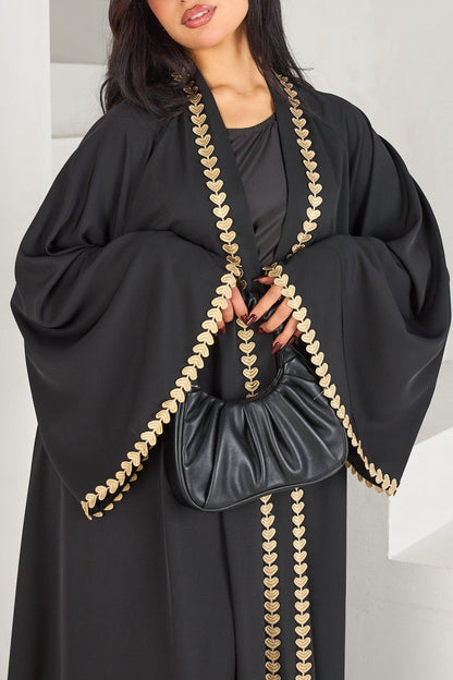 Afiya Nida Open Abaya with Gold Leaf Trimmed Cuffs 1015 - Black