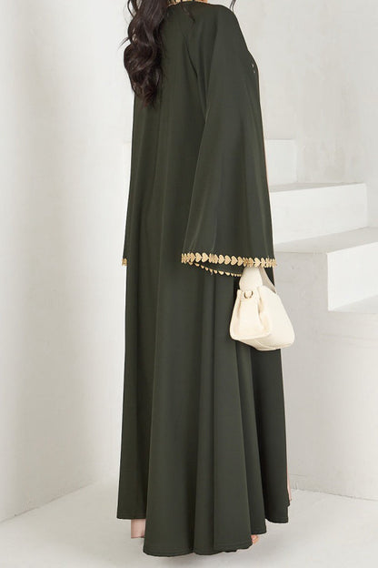 Afiya Nida Open Abaya with Gold Leaf Trimmed Cuffs 1015 - Army Green