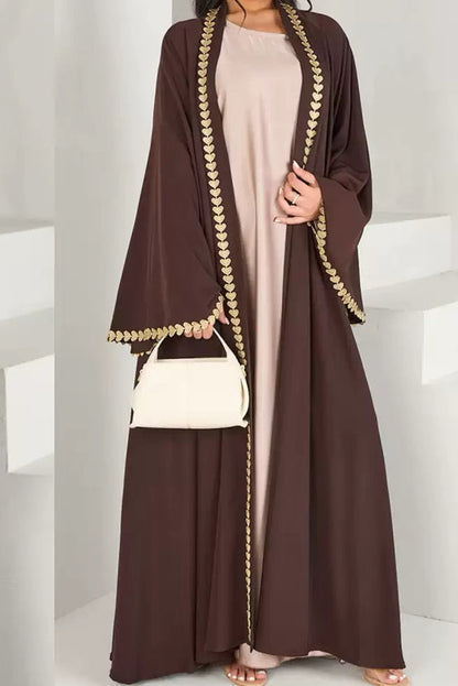 Afiya Nida Open Abaya with Gold Leaf Trimmed Cuffs 1015 - Coffee