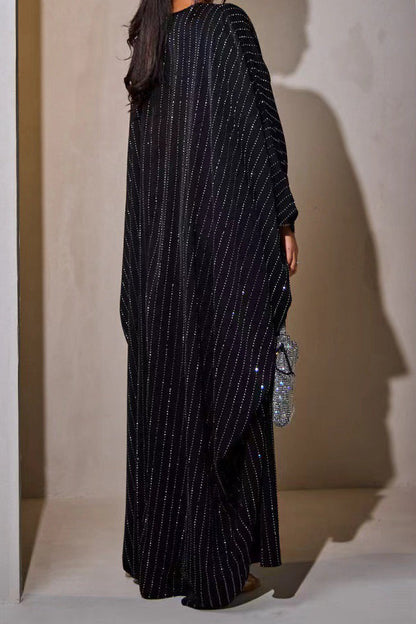 Eshal Rhinestone Embellished Satin Modest Kaftan 998 - Black