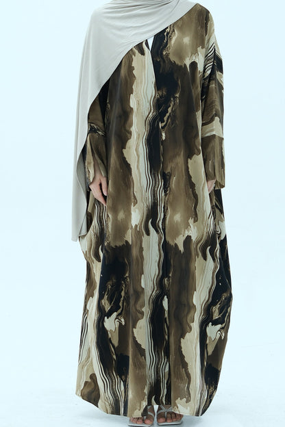 Aziza Chiffon Printed Open Abaya 982 - Coffee