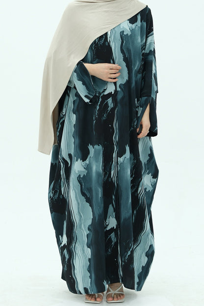 Aziza Chiffon Printed Open Abaya 982 - Blue