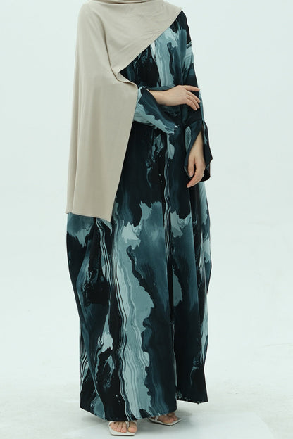 Aziza Chiffon Printed Open Abaya 982 - Blue