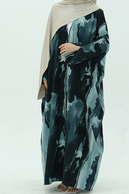 Aziza Chiffon Printed Open Abaya 982 - Blue