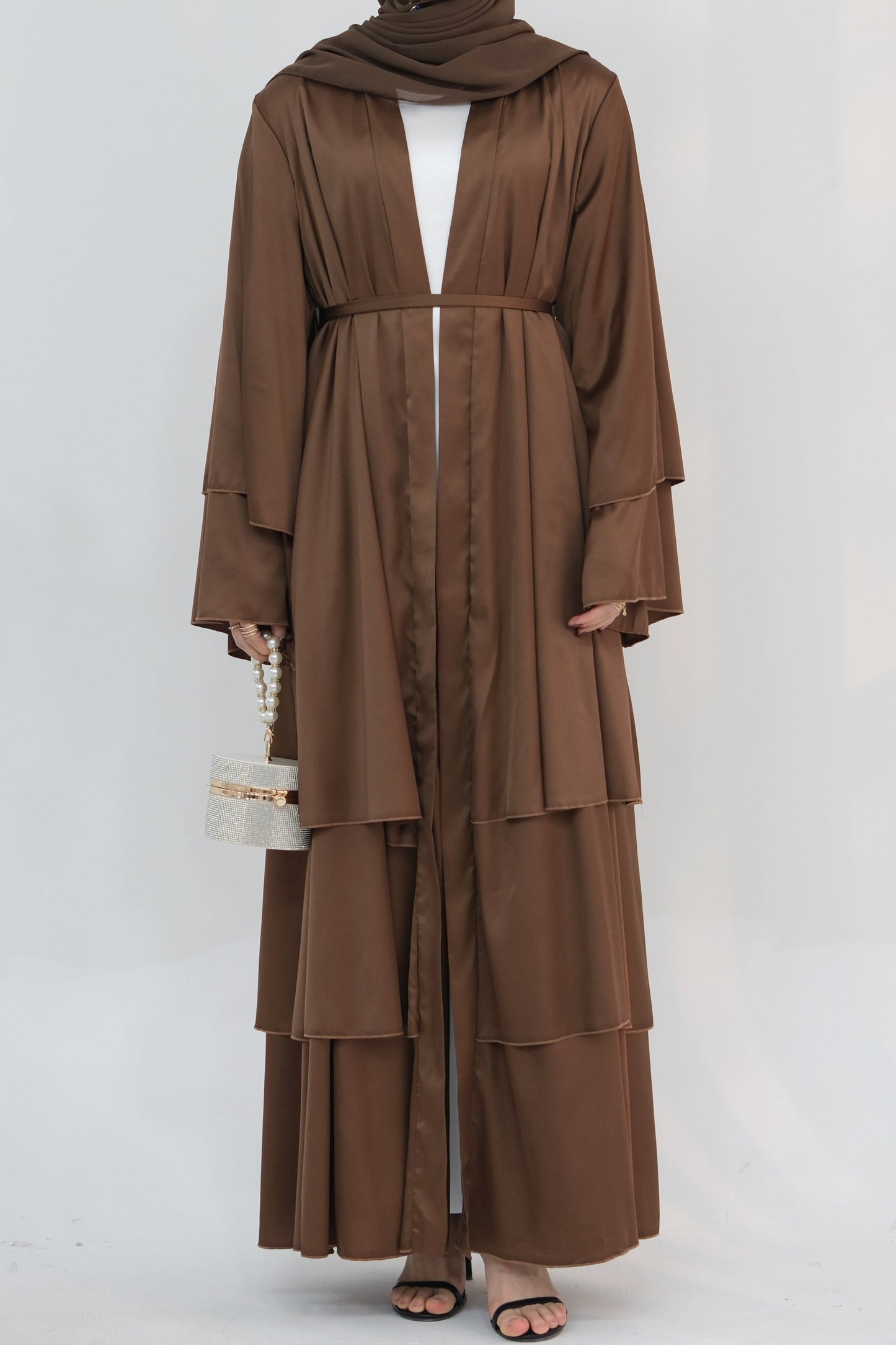 Lakia Satin Bell sleeves Modest Open Abaya 706 - Chocolate