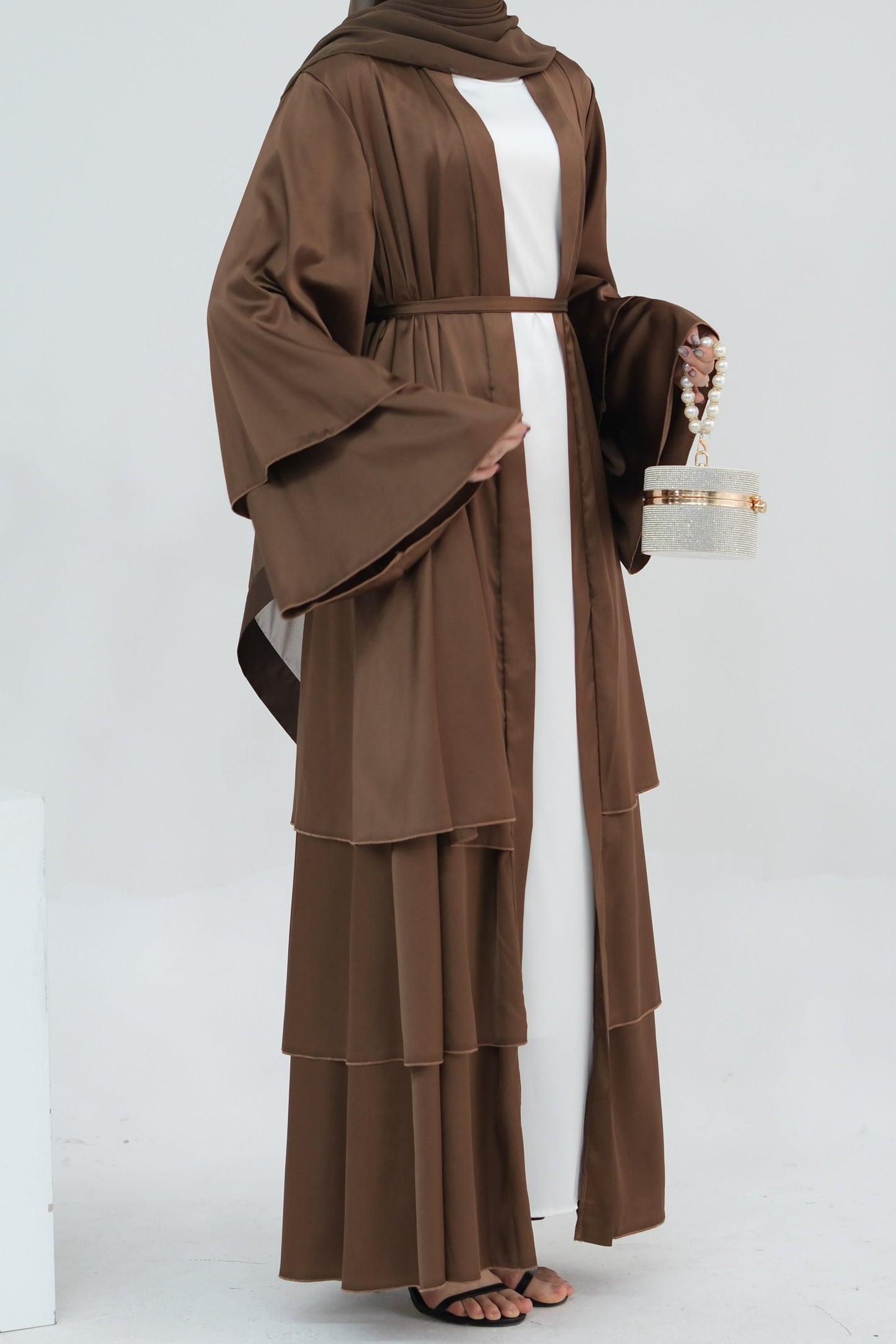 Lakia Satin Bell sleeves Modest Open Abaya 706 - Chocolate