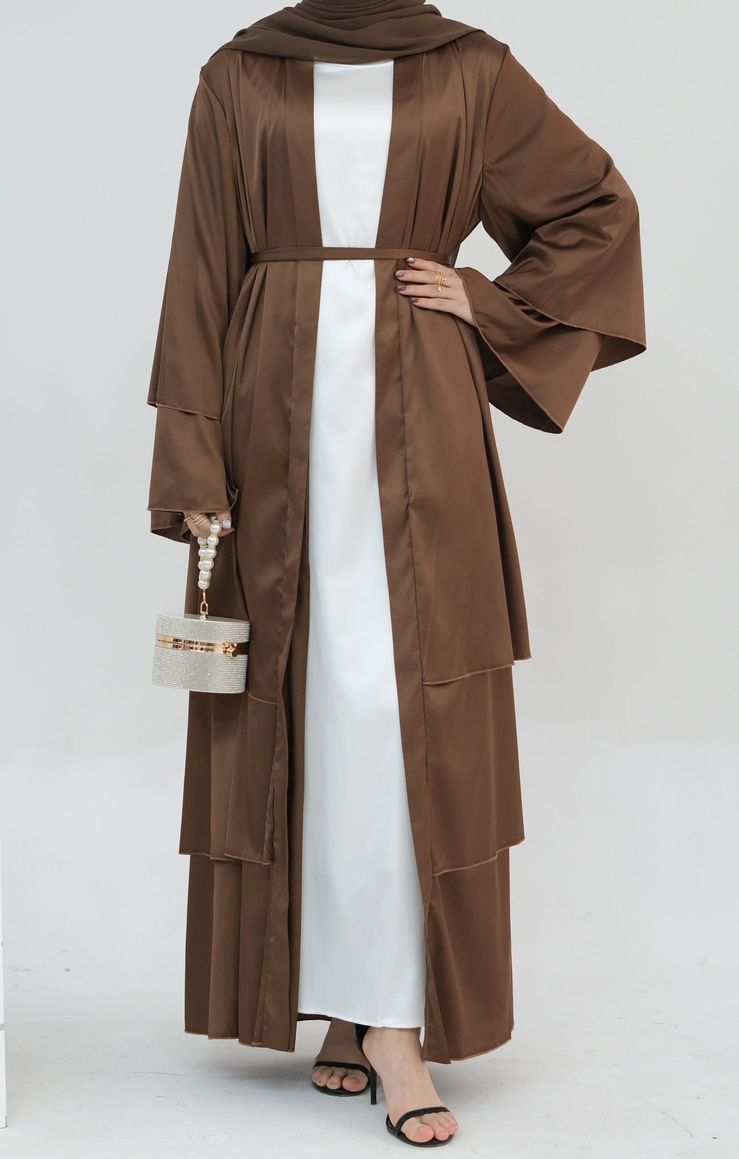 Lakia Satin Bell sleeves Modest Open Abaya 706 - Chocolate