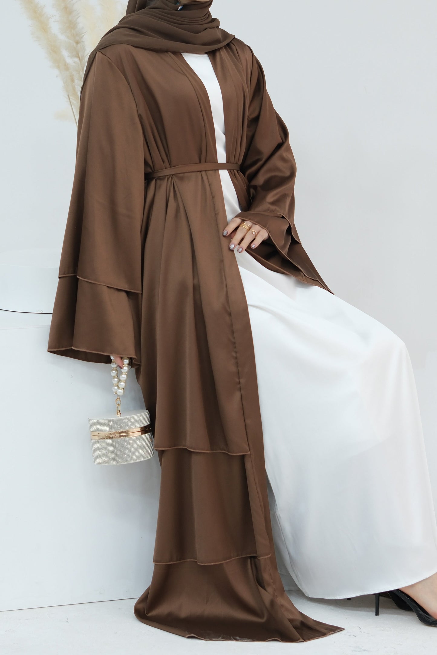 Lakia Satin Bell sleeves Modest Open Abaya 706 - Chocolate