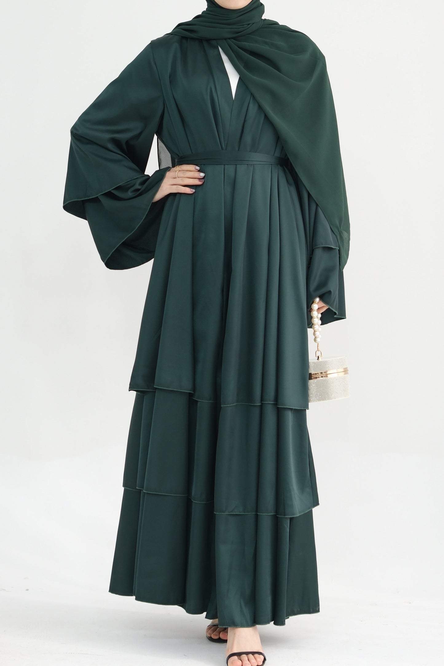 Lakia Satin Bell sleeves Modest Open Abaya 706 - DarkGreen