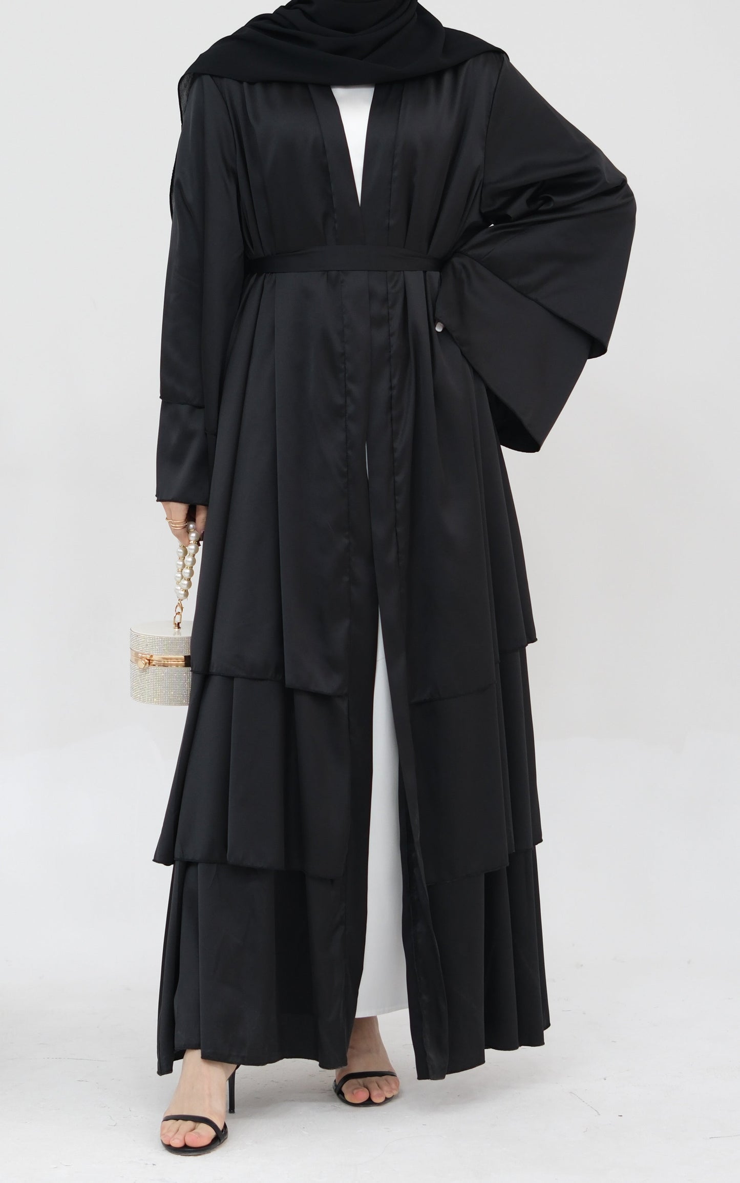 Lakia Satin Bell sleeves Modest Open Abaya 706 - Black